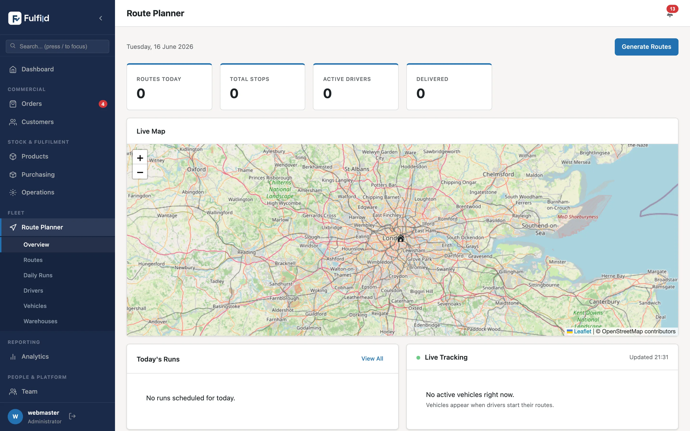 Fulfild logistics — the route planner with a live delivery map and today’s runs
