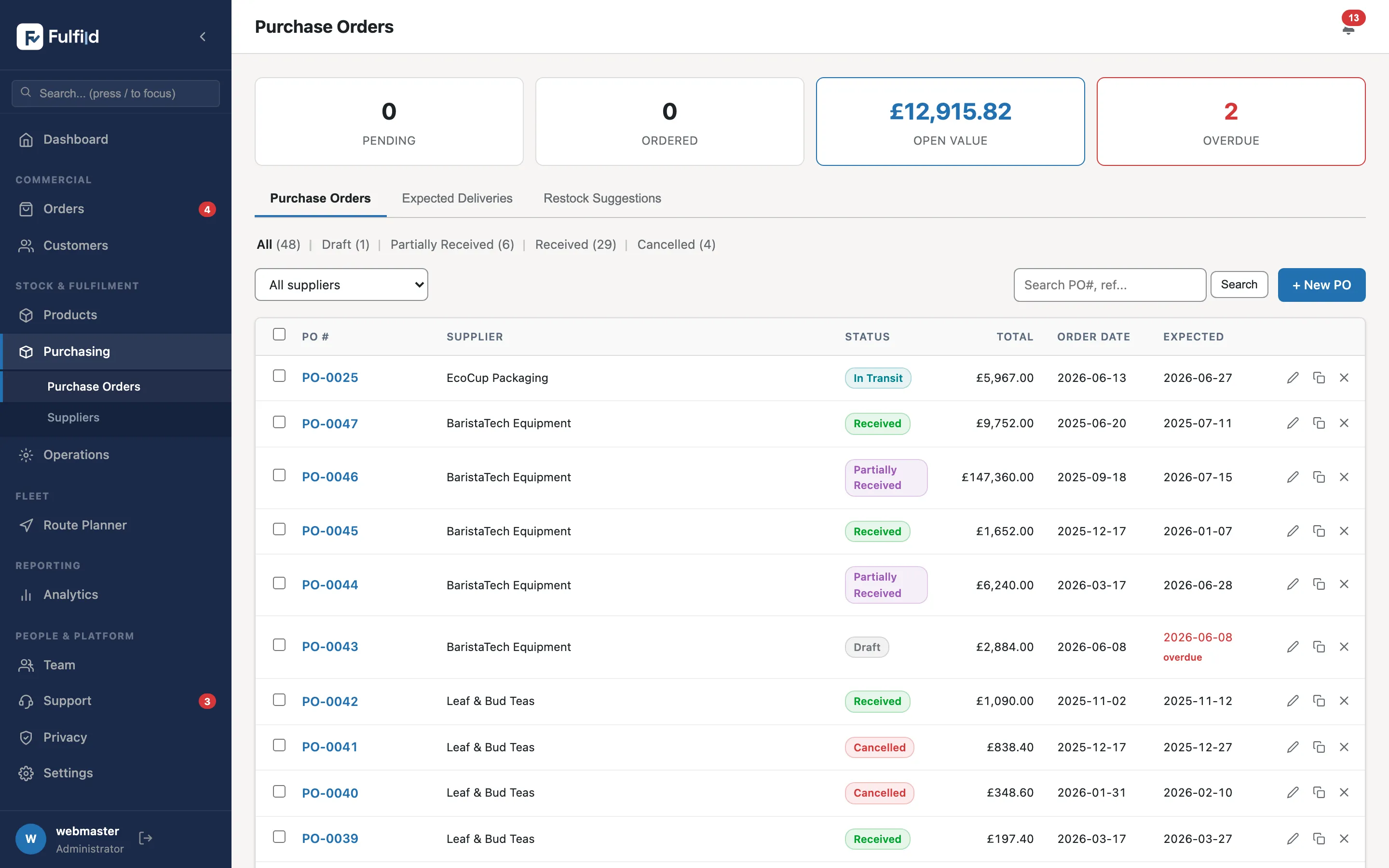 Fulfild purchasing — purchase orders with supplier, status and totals