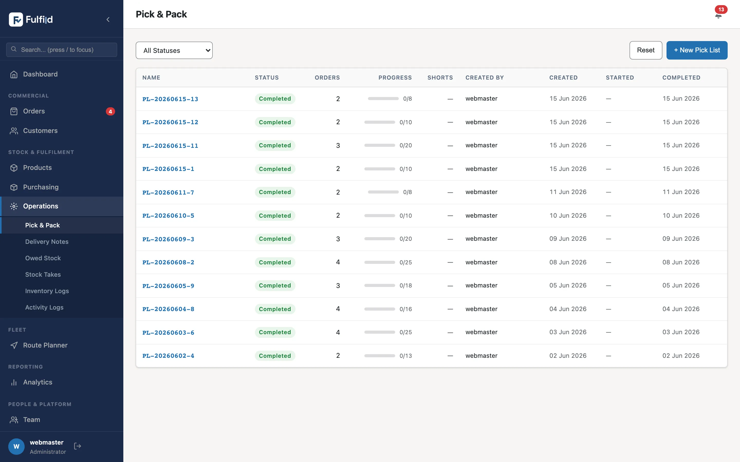 Fulfild warehouse — the pick &amp; pack list with per-list status